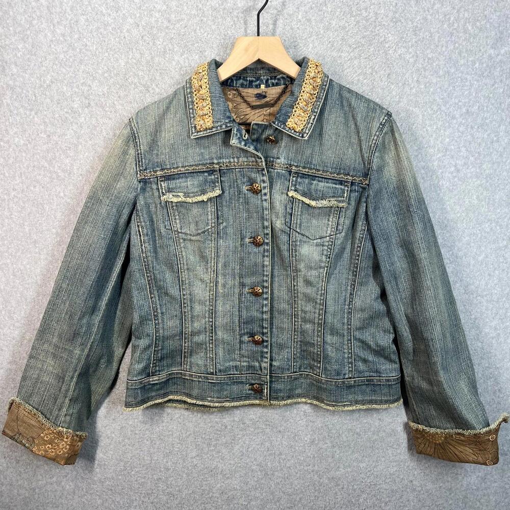 Elie Tahari Denim Jean Jacket Womens M Blue Distressed Embellished Lined Boho